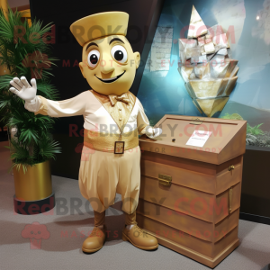 Beige Treasure Chest mascot costume character dressed with a Sheath Dress and Brooches