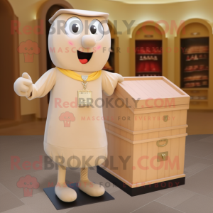 Beige Treasure Chest mascot costume character dressed with a Sheath Dress and Brooches