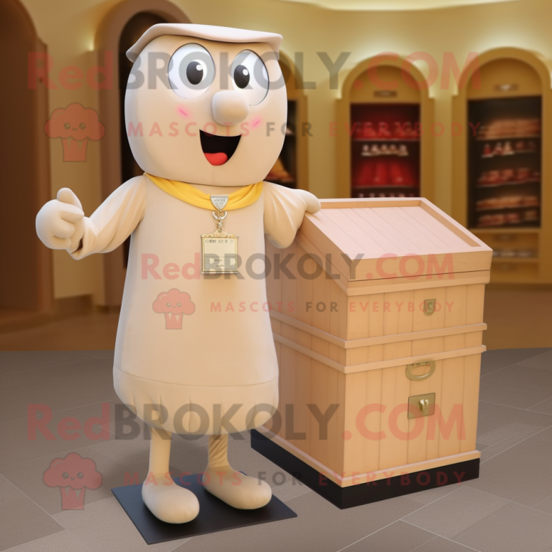 Beige Treasure Chest mascot costume character dressed with a Sheath Dress and Brooches Beige Treasure Chest mascot costume character dressed with a Sheath Dress and Brooches