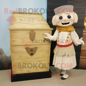 Beige Treasure Chest mascot costume character dressed with a Sheath Dress and Brooches