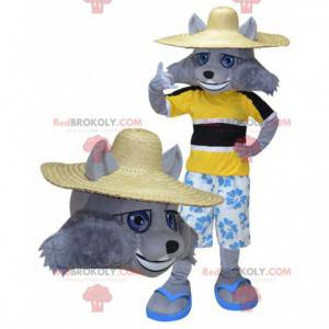 Grijze wolf mascotte in vakantiegangers outfit - Redbrokoly.com