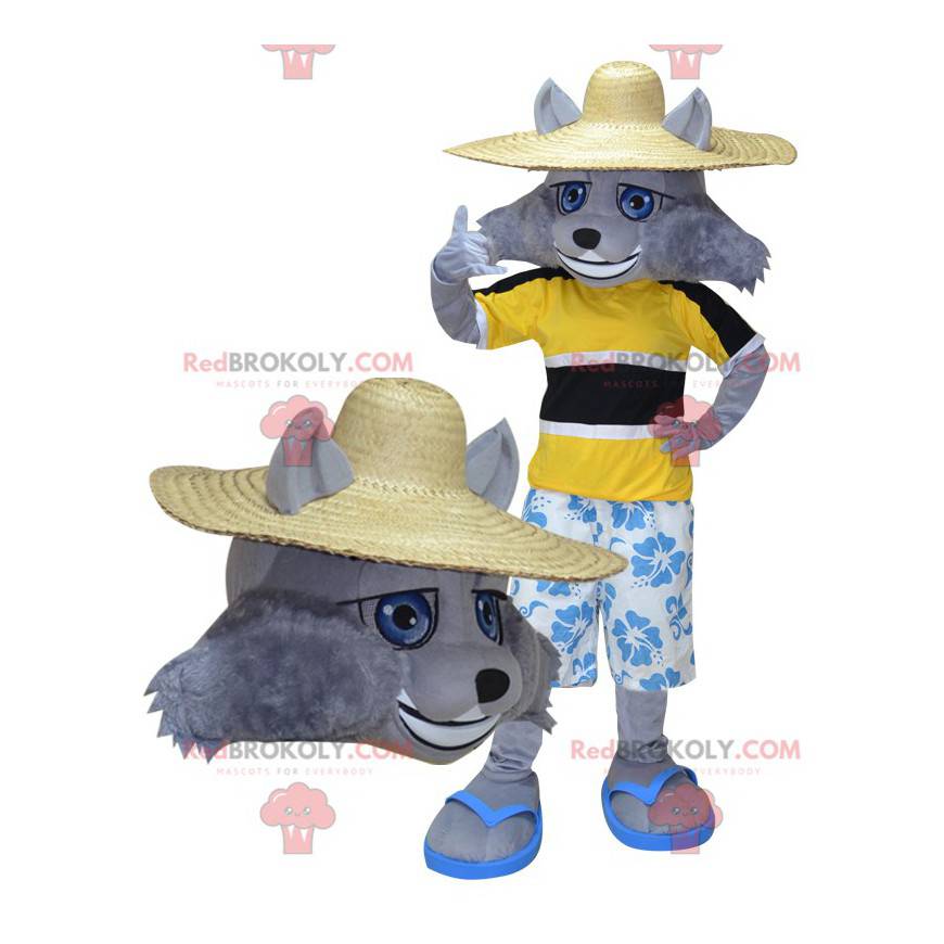 Mascote de lobo cinzento em traje de férias - Redbrokoly.com