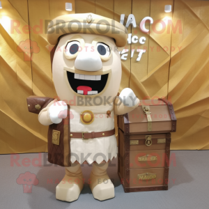 Beige Treasure Chest mascot costume character dressed with a Sheath Dress and Brooches