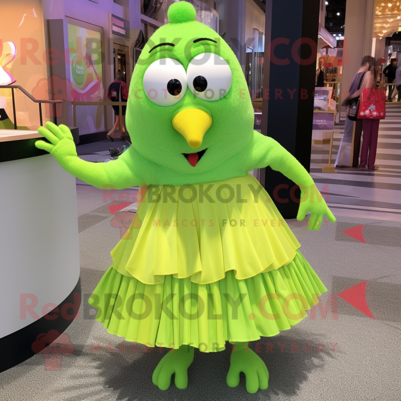 Lime Green Aglet mascot costume character dressed with a Pleated Skirt and Necklaces Lime Green Aglet mascot costume character dressed with a Pleated Skirt and Necklaces