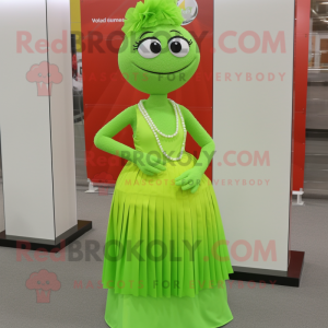 Lime Green Aglet mascot costume character dressed with a Pleated Skirt and Necklaces