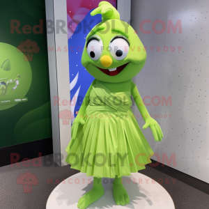 Lime Green Aglet mascot costume character dressed with a Pleated Skirt and Necklaces