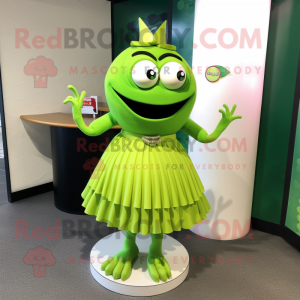 Lime Green Aglet mascot costume character dressed with a Pleated Skirt and Necklaces