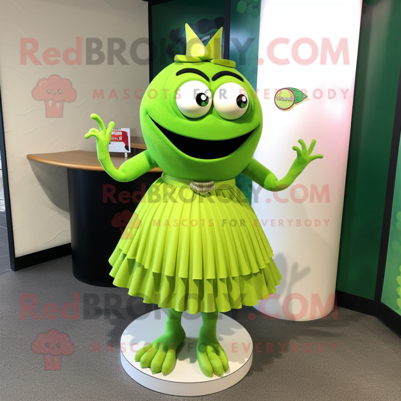 Lime Green Aglet mascot costume character dressed with a Pleated Skirt and Necklaces Lime Green Aglet mascot costume character dressed with a Pleated Skirt and Necklaces