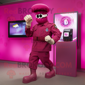 Magenta American Soldier mascot costume character dressed with a Henley Shirt and Digital watches