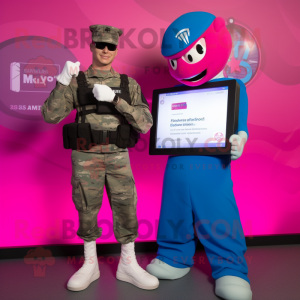 Magenta American Soldier mascot costume character dressed with a Henley Shirt and Digital watches