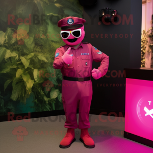 Magenta American Soldier mascot costume character dressed with a Henley Shirt and Digital watches