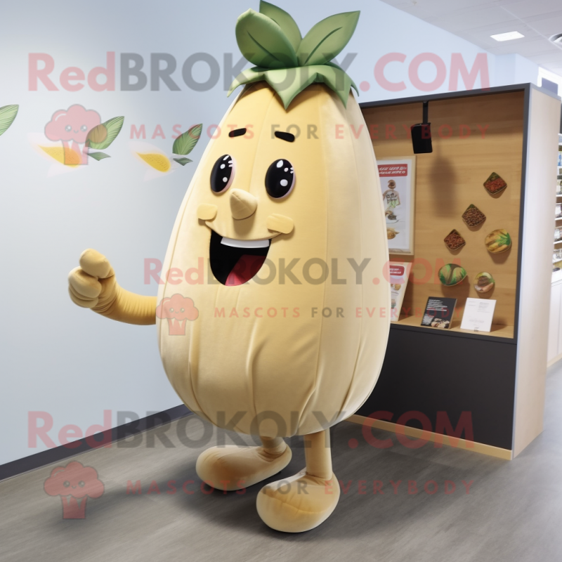 Beige Mango mascot costume character dressed with a Tank Top and Shoe clips Beige Mango mascot costume character dressed with a Tank Top and Shoe clips