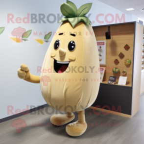 Beige Mango mascot costume character dressed with a Tank Top and Shoe clips