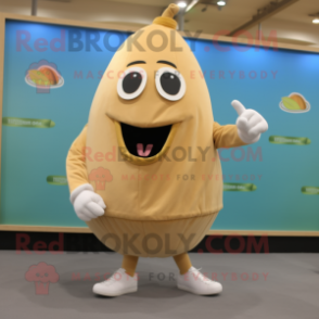 Beige Mango mascot costume character dressed with a Tank Top and Shoe clips