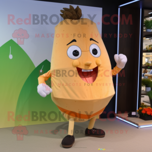Beige Mango mascot costume character dressed with a Tank Top and Shoe clips