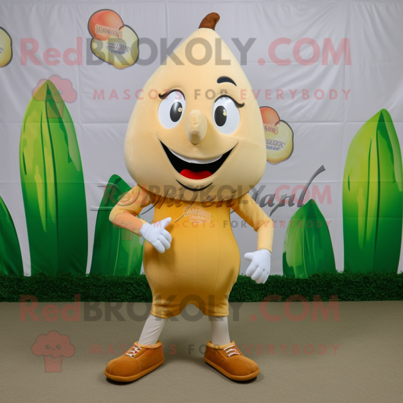 Beige Mango mascot costume character dressed with a Tank Top and Shoe clips