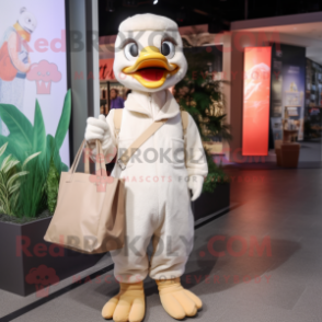 Beige Swan mascot costume character dressed with a Jumpsuit and Tote bags