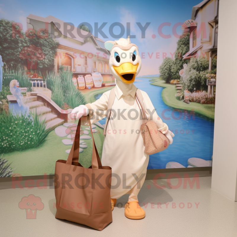 Beige Swan mascot costume character dressed with a Jumpsuit and Tote bags