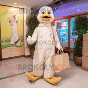 Beige Swan mascot costume character dressed with a Jumpsuit and Tote bags