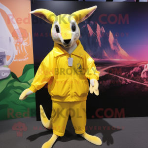 Lemon Yellow Kangaroo mascot costume character dressed with a Windbreaker and Cummerbunds