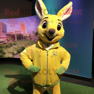 Lemon Yellow Kangaroo mascot costume character dressed with a Windbreaker and Cummerbunds