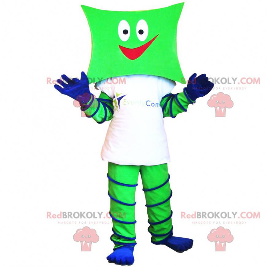Green and blue snowman mascot with a square head -