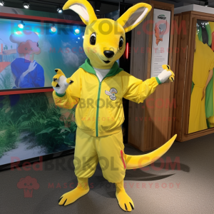 Lemon Yellow Kangaroo mascot costume character dressed with a Windbreaker and Cummerbunds