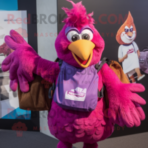 Magenta Hens mascot costume character dressed with a Graphic Tee and Messenger bags