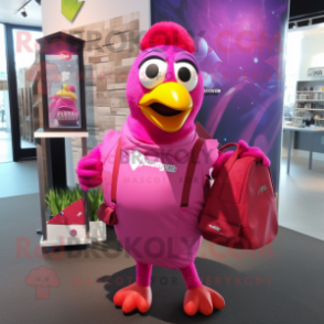 Magenta Hens mascot costume character dressed with a Graphic Tee and Messenger bags