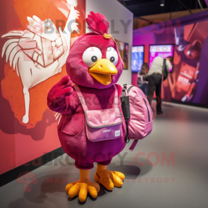 Magenta Hens mascot costume character dressed with a Graphic Tee and Messenger bags