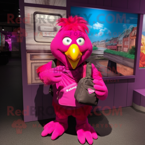 Magenta Hens mascot costume character dressed with a Graphic Tee and Messenger bags