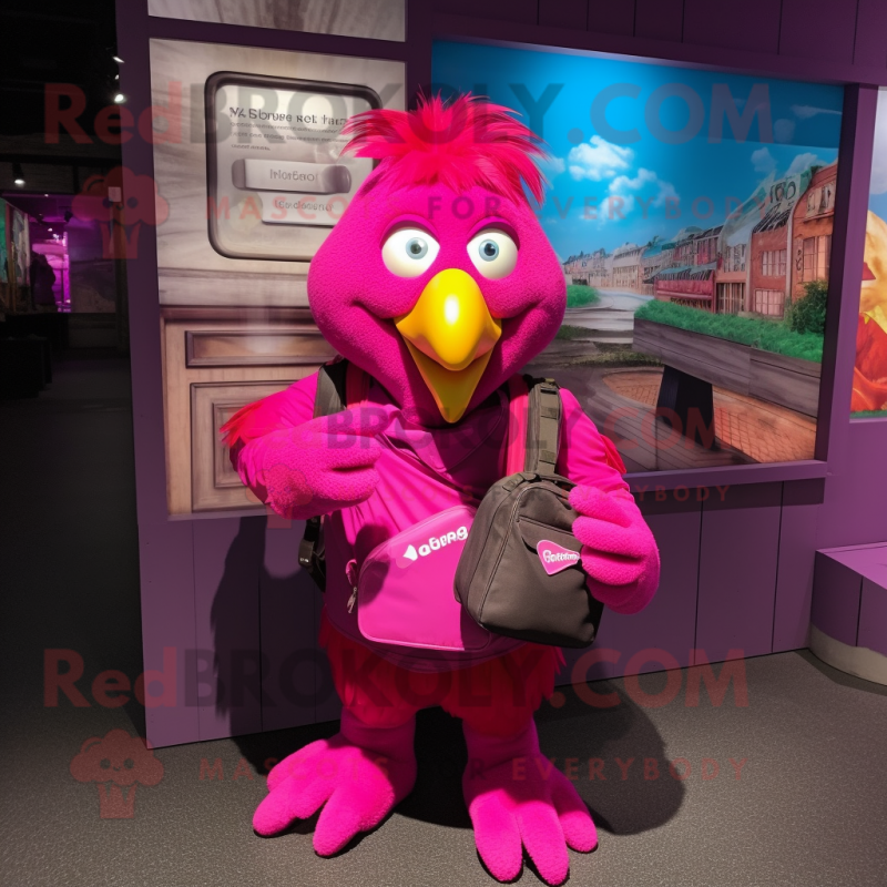 Magenta Hens mascot costume character dressed with a Graphic Tee and Messenger bags Magenta Hens mascot costume character dressed with a Graphic Tee and Messenger bags