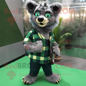 Forest Green Hyena mascot costume character dressed with a Flannel Shirt and Eyeglasses