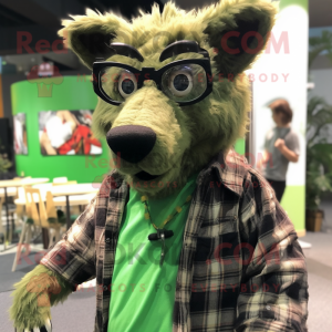 Forest Green Hyena mascot costume character dressed with a Flannel Shirt and Eyeglasses