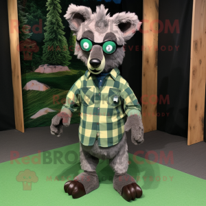 Forest Green Hyena mascot costume character dressed with a Flannel Shirt and Eyeglasses