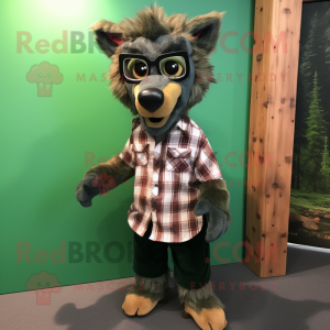 Forest Green Hyena mascot costume character dressed with a Flannel Shirt and Eyeglasses