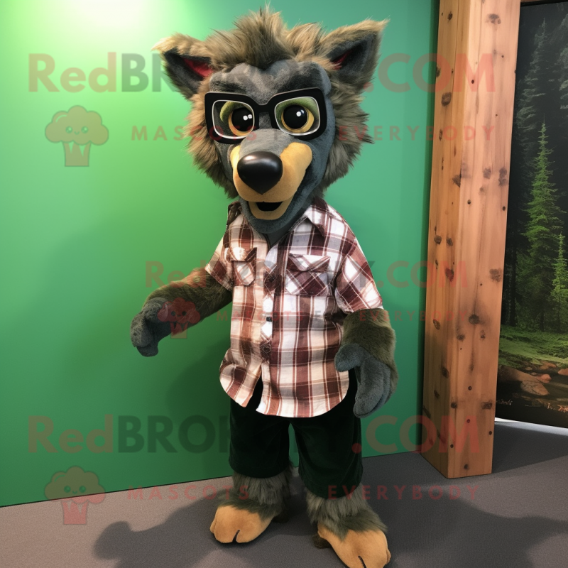 Forest Green Hyena mascot costume character dressed with a Flannel Shirt and Eyeglasses