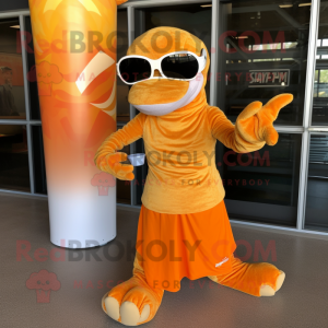 Orange Python mascot costume character dressed with a Pleated Skirt and Sunglasses