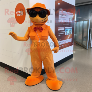 Orange Python mascot costume character dressed with a Pleated Skirt and Sunglasses
