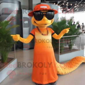 Orange Python mascot costume character dressed with a Pleated Skirt and Sunglasses