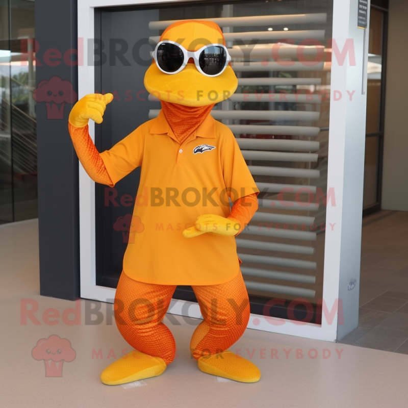 Orange Python mascot costume character dressed with a Pleated Skirt and Sunglasses