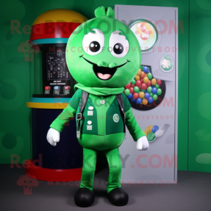 Forest Green Gumball Machine mascot costume character dressed with a Waistcoat and Backpacks