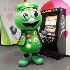 Forest Green Gumball Machine mascot costume character dressed with a Waistcoat and Backpacks