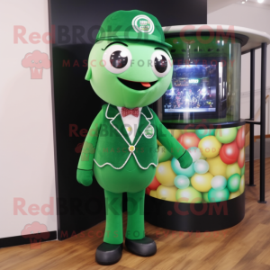 Forest Green Gumball Machine mascot costume character dressed with a Waistcoat and Backpacks