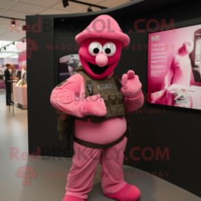 Pink Para Commando mascot costume character dressed with a Henley Tee and Earrings