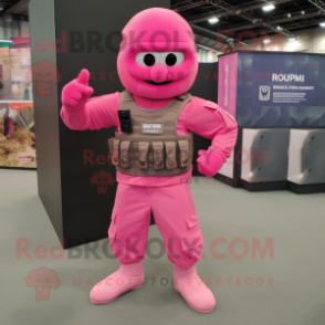 Pink Para Commando mascot costume character dressed with a Henley Tee and Earrings