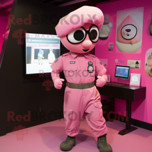 Pink Para Commando mascot costume character dressed with a Henley Tee and Earrings