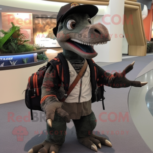 Black Utahraptor mascot costume character dressed with a Cardigan and Backpacks