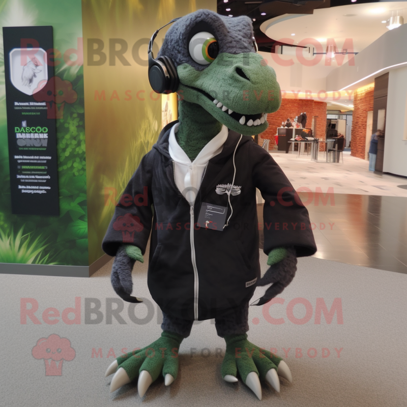 Black Utahraptor mascot costume character dressed with a Cardigan and Backpacks