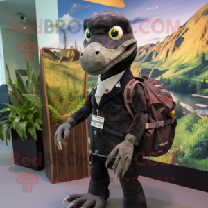 Black Utahraptor mascot costume character dressed with a Cardigan and Backpacks